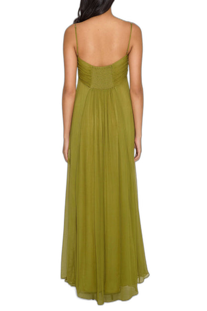 Elegant Olive Chiffon Maxi Dress for Women with Sweetheart Spaghetti Strap Flowing Empire Waist Formal Style
