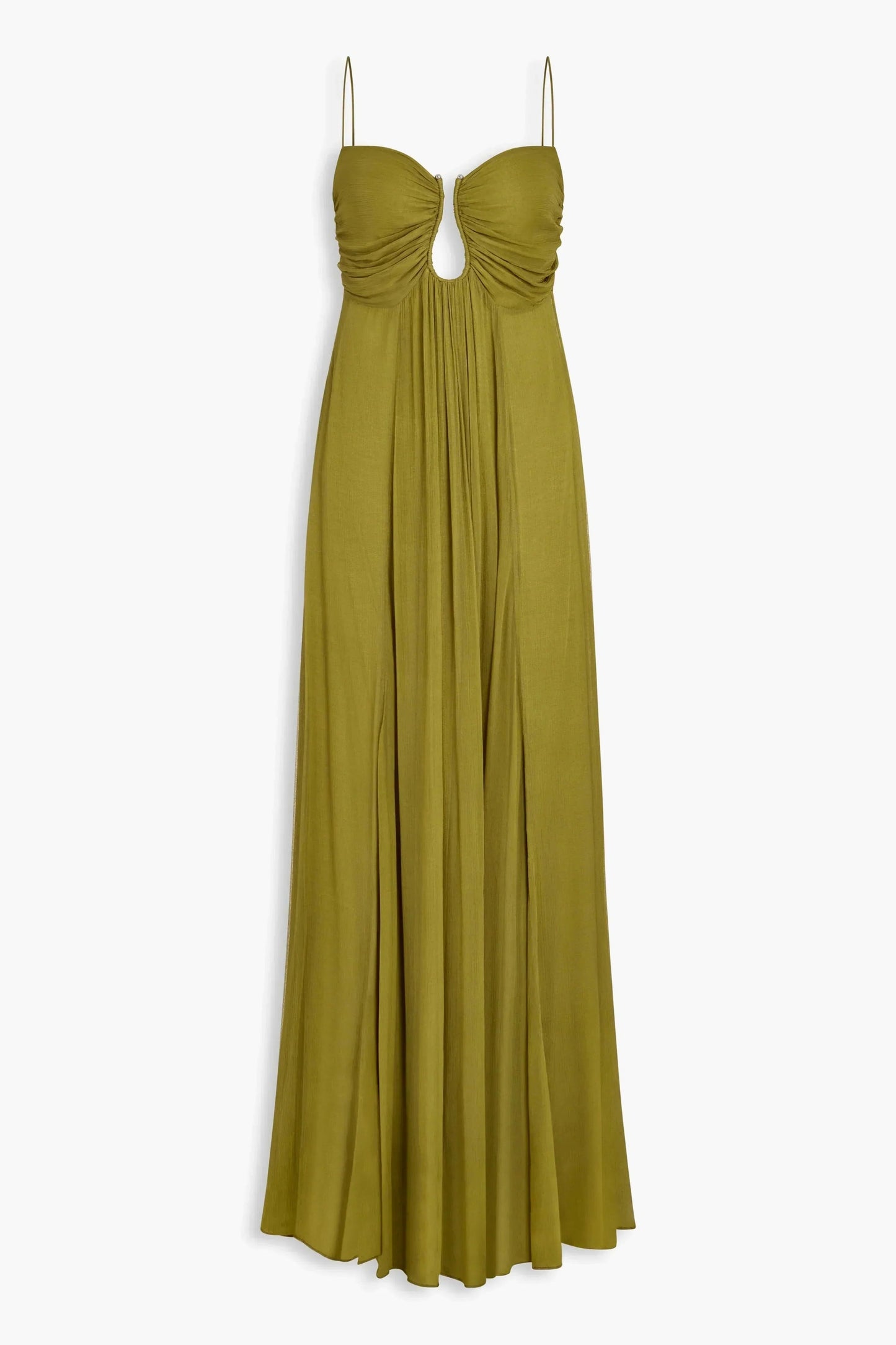 Elegant Olive Chiffon Maxi Dress for Women with Sweetheart Spaghetti Strap Flowing Empire Waist Formal Style