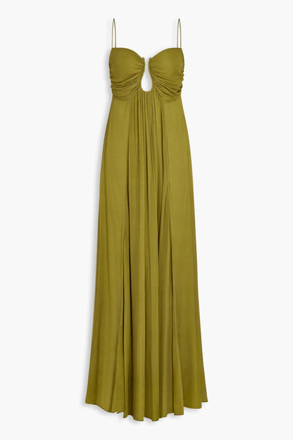 Elegant Olive Chiffon Maxi Dress for Women with Sweetheart Spaghetti Strap Flowing Empire Waist Formal Style