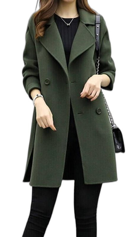 Elegant Olive Coat for Women with Collared Long Sleeve Button Front Pockets Office Style