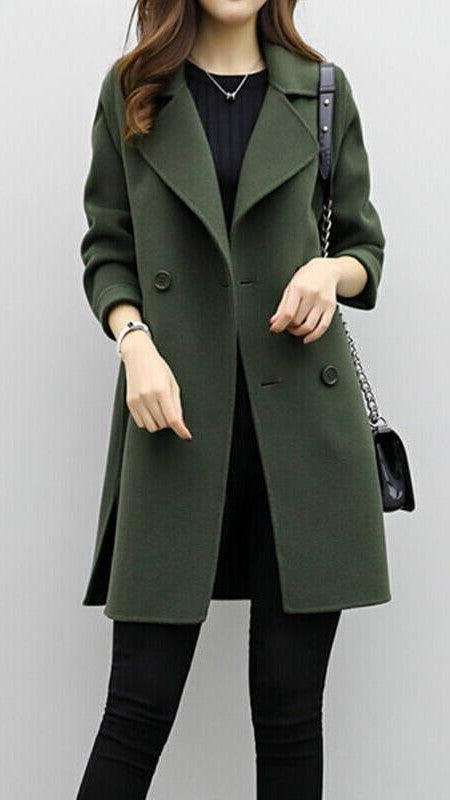Elegant Olive Coat for Women with Collared Long Sleeve Button Front Pockets Office Style