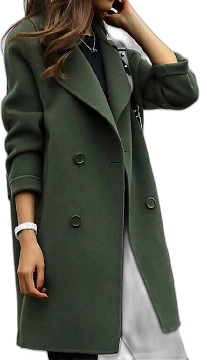 Elegant Olive Coat for Women with Collared Long Sleeve Button Front Pockets Office Style
