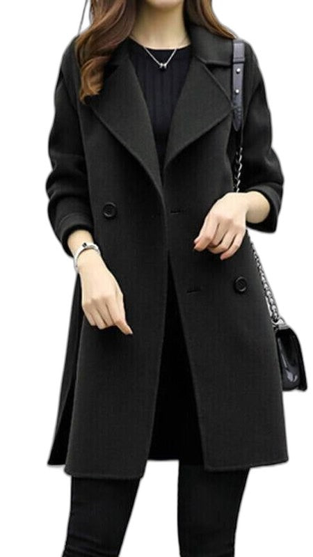 Elegant Olive Coat for Women with Collared Long Sleeve Button Front Pockets Office Style
