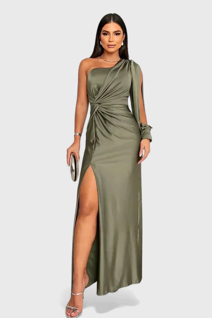 Elegant Olive Satin Maxi Dress for Women with One Shoulder Sleeveless Wrap Ruched Cocktail Style