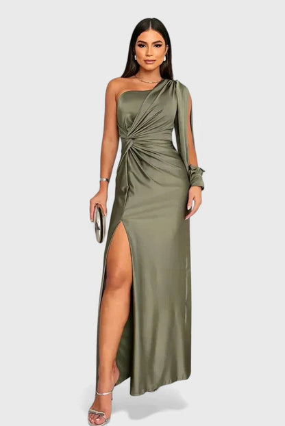 Elegant Olive Satin Maxi Dress for Women with One Shoulder Sleeveless Wrap Ruched Cocktail Style