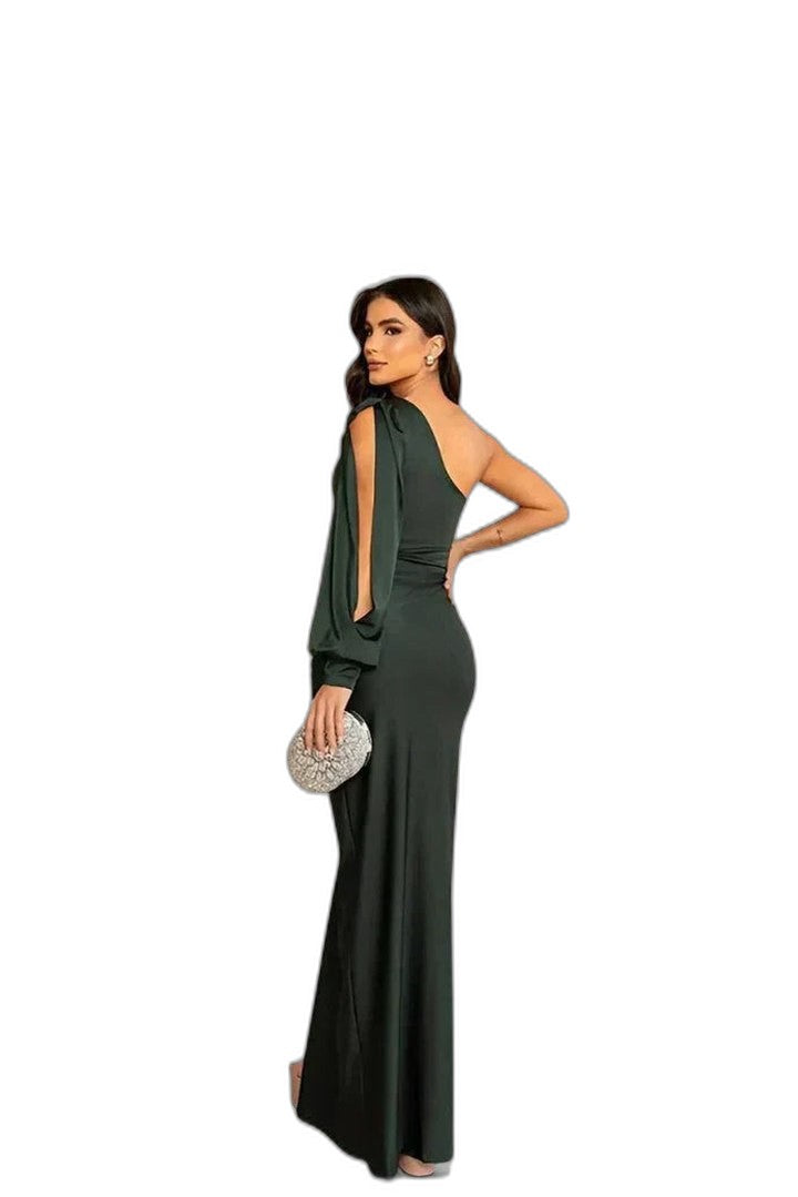 Elegant Olive Satin Maxi Dress for Women with One Shoulder Sleeveless Wrap Ruched Cocktail Style