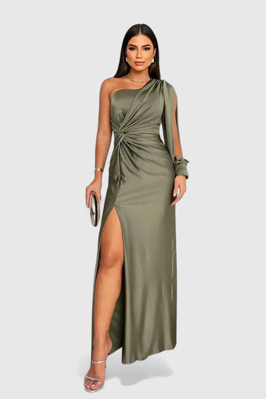 Elegant Olive Satin Maxi Dress for Women with One Shoulder Sleeveless Wrap Ruched Cocktail Style