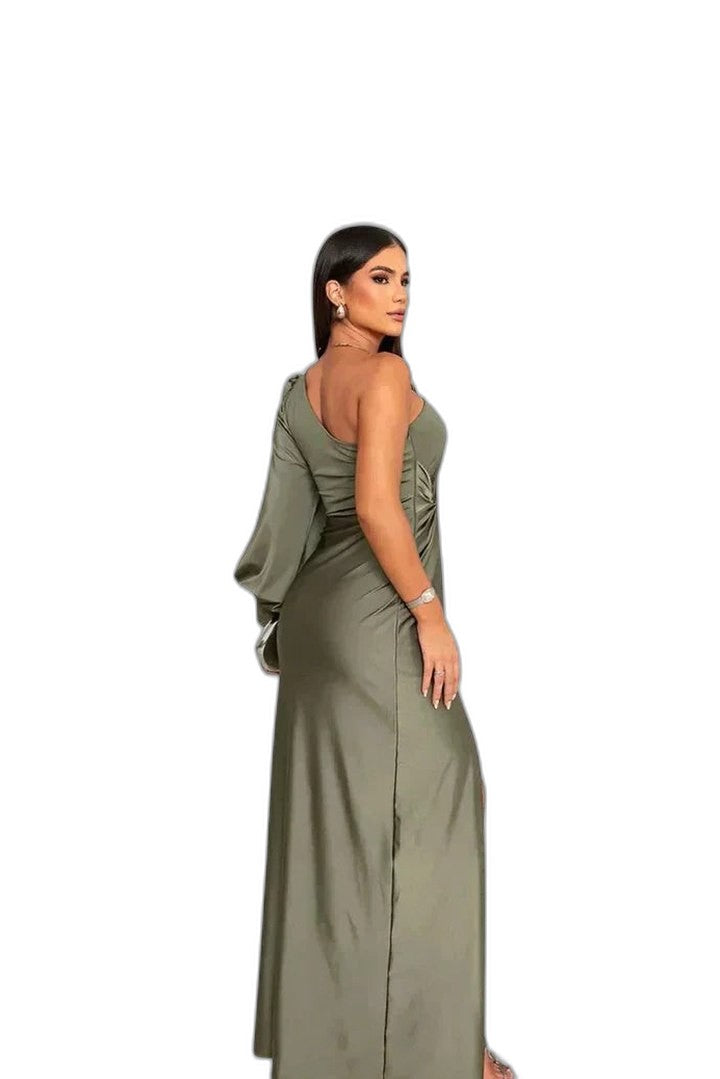 Elegant Olive Satin Maxi Dress for Women with One Shoulder Sleeveless Wrap Ruched Cocktail Style