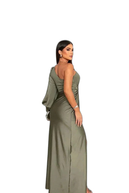 Elegant Olive Satin Maxi Dress for Women with One Shoulder Sleeveless Wrap Ruched Cocktail Style