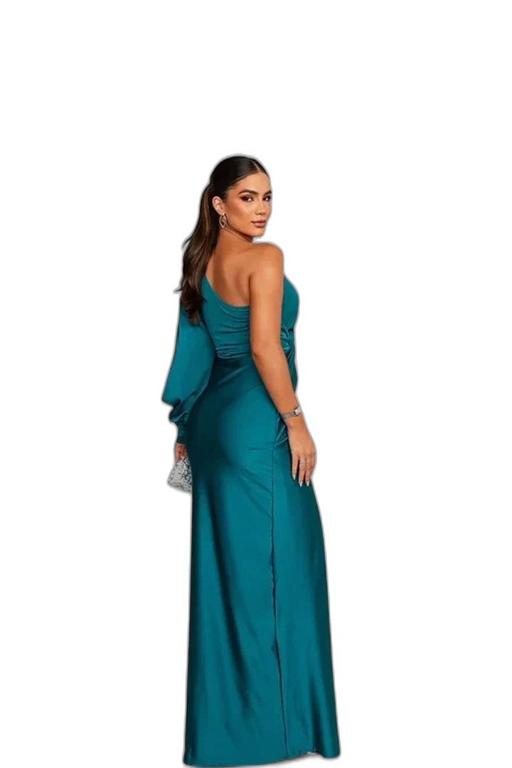 Elegant Olive Satin Maxi Dress for Women with One Shoulder Sleeveless Wrap Ruched Cocktail Style