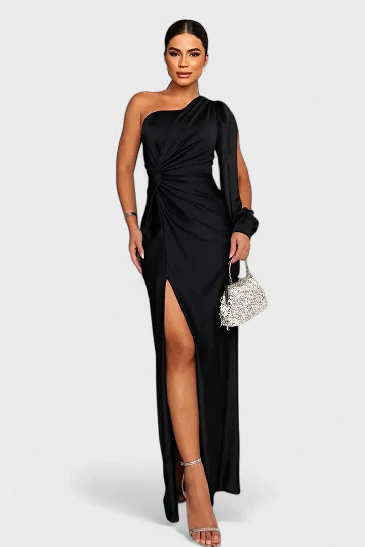 Elegant Olive Satin Maxi Dress for Women with One Shoulder Sleeveless Wrap Ruched Cocktail Style