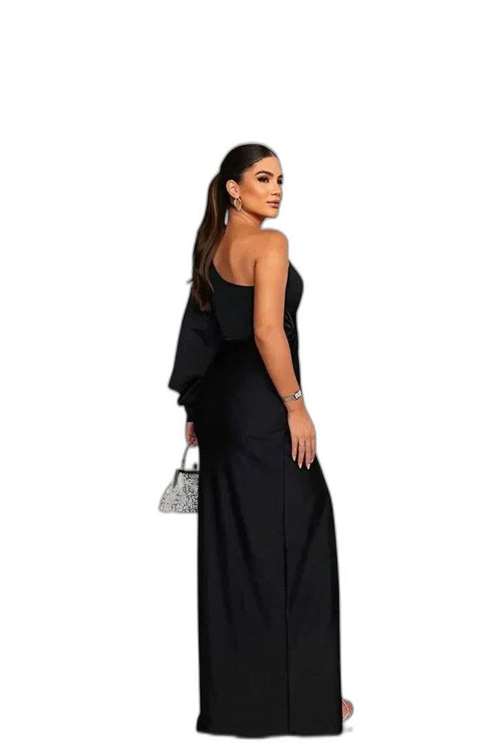 Elegant Olive Satin Maxi Dress for Women with One Shoulder Sleeveless Wrap Ruched Cocktail Style