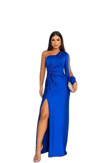 Elegant Olive Satin Maxi Dress for Women with One Shoulder Sleeveless Wrap Ruched Cocktail Style