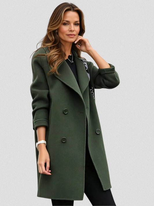 Elegant Olive Trench Coat for Women with Collared Long Sleeve Button Front Belted Office Style