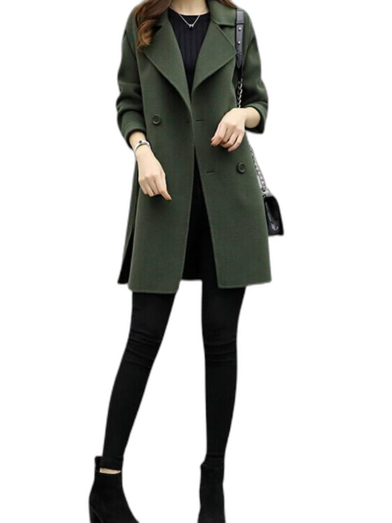 Elegant Olive Trench Coat for Women with Collared Long Sleeve Button Front Belted Office Style