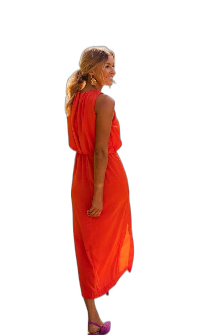 Elegant Orange Chiffon Maxi Dress for Women with Sleeveless Flowing Vacation Style