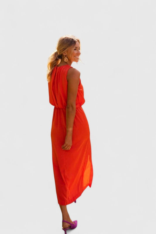 Elegant Orange Chiffon Maxi Dress for Women with Sleeveless Flowing Vacation Style