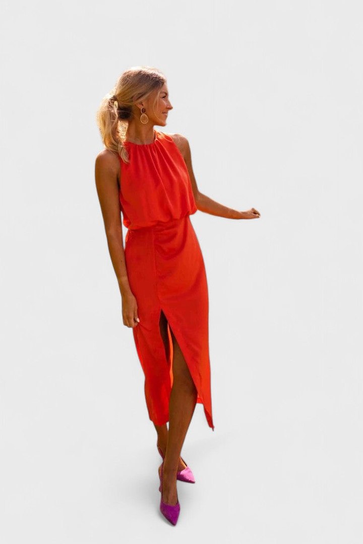 Elegant Orange Chiffon Maxi Dress for Women with Sleeveless Flowing Vacation Style