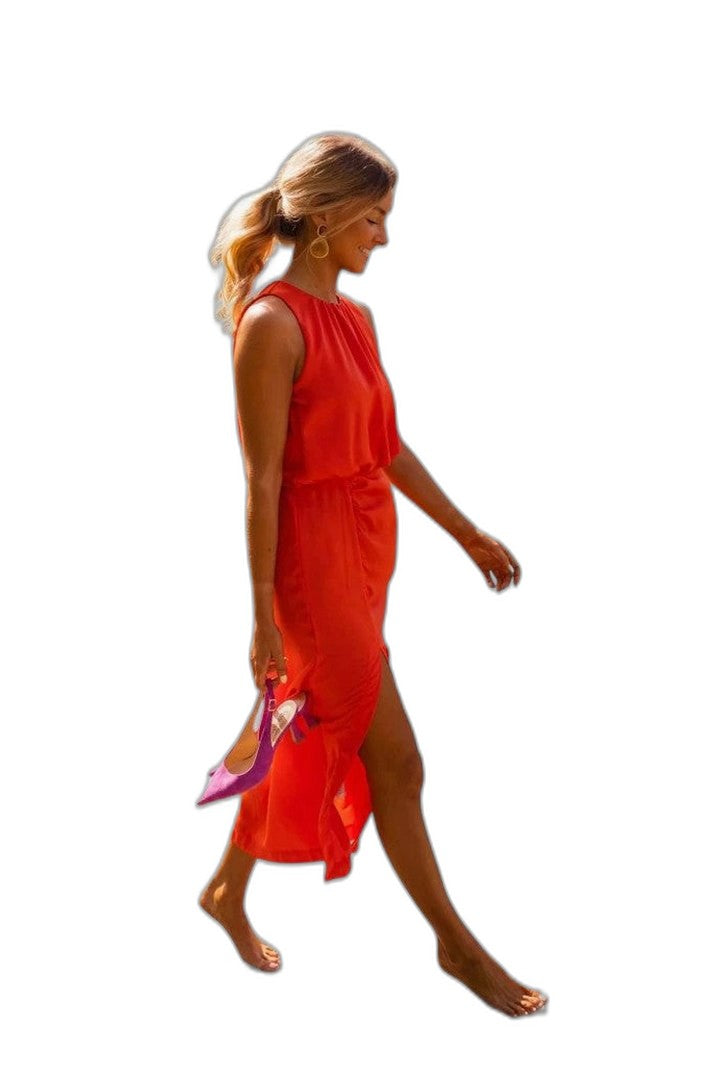 Elegant Orange Chiffon Maxi Dress for Women with Sleeveless Flowing Vacation Style