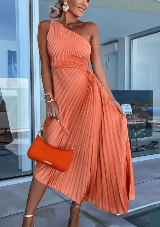 Elegant Orange Midi Dress for Women with One Shoulder Sleeveless Pleated Flowing Cocktail Style