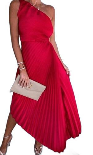 Elegant Orange Midi Dress for Women with One Shoulder Sleeveless Pleated Flowing Cocktail Style