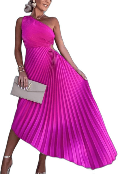 Elegant Orange Midi Dress for Women with One Shoulder Sleeveless Pleated Flowing Cocktail Style