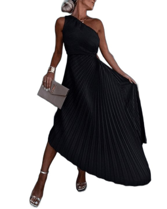Elegant Orange Midi Dress for Women with One Shoulder Sleeveless Pleated Flowing Cocktail Style