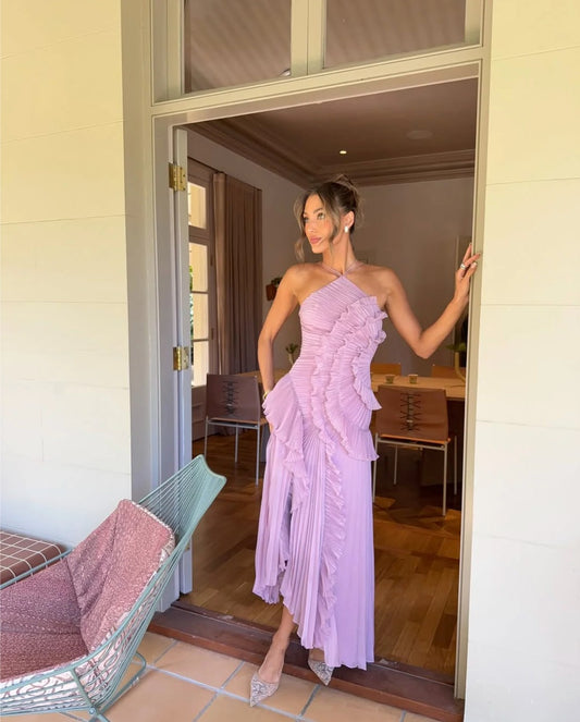 Elegant Pink Chiffon Maxi Dress for Women with Halter Sleeveless Pleated Ruffle Flowing Formal Style
