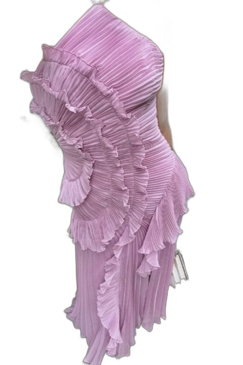 Elegant Pink Chiffon Maxi Dress for Women with Halter Sleeveless Pleated Ruffle Flowing Formal Style