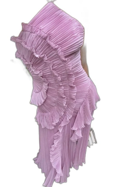 Elegant Pink Chiffon Maxi Dress for Women with Halter Sleeveless Pleated Ruffle Flowing Formal Style