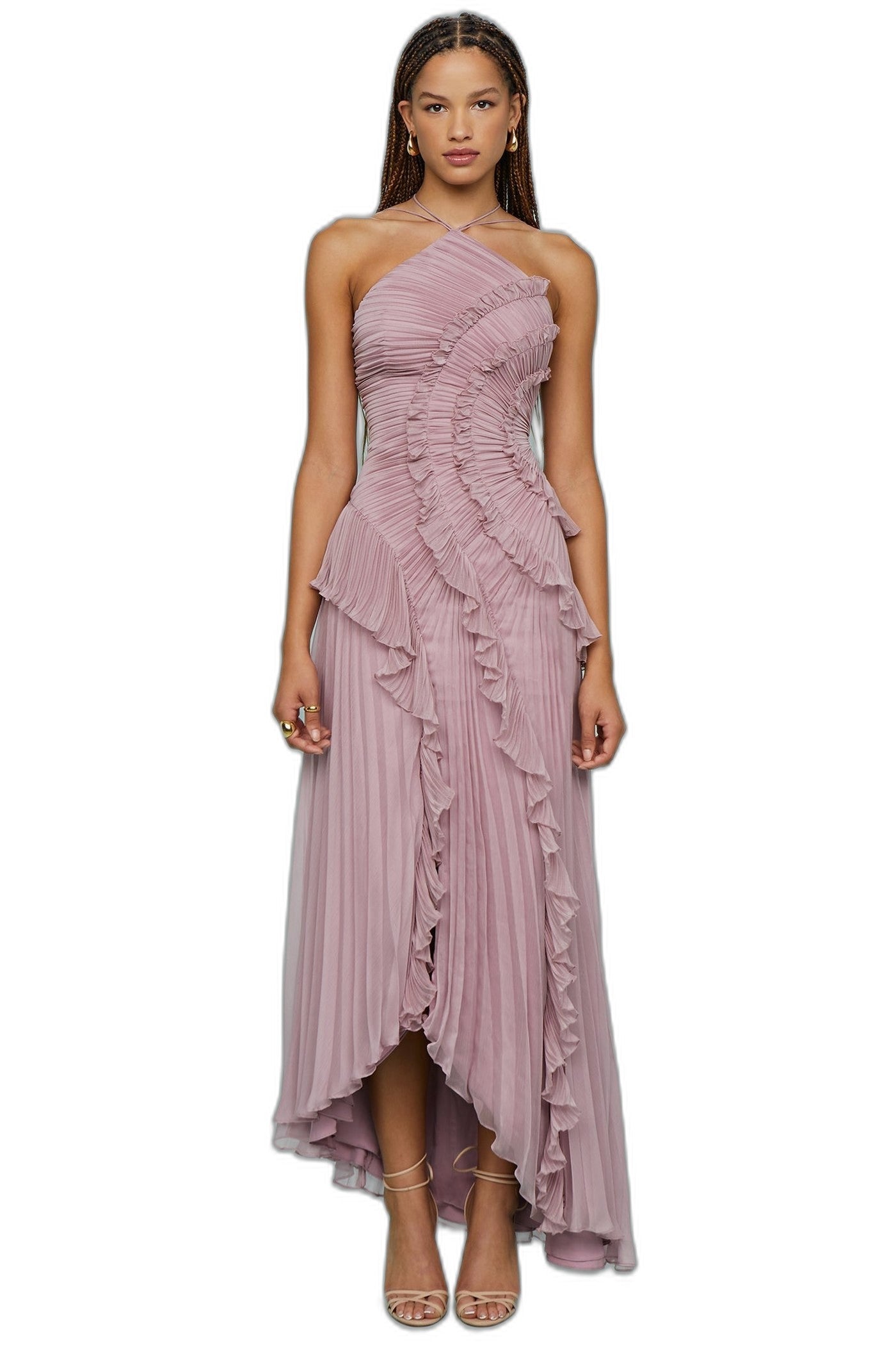 Elegant Pink Chiffon Maxi Dress for Women with Halter Sleeveless Pleated Ruffle Flowing Formal Style