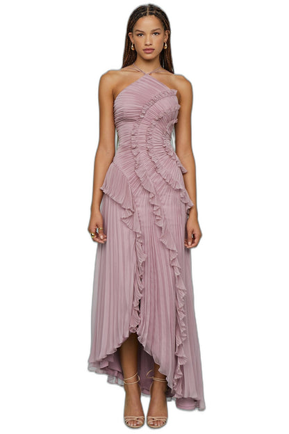 Elegant Pink Chiffon Maxi Dress for Women with Halter Sleeveless Pleated Ruffle Flowing Formal Style