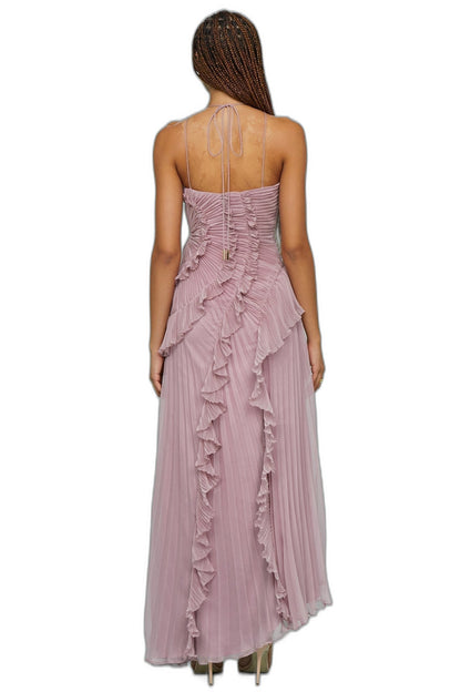 Elegant Pink Chiffon Maxi Dress for Women with Halter Sleeveless Pleated Ruffle Flowing Formal Style
