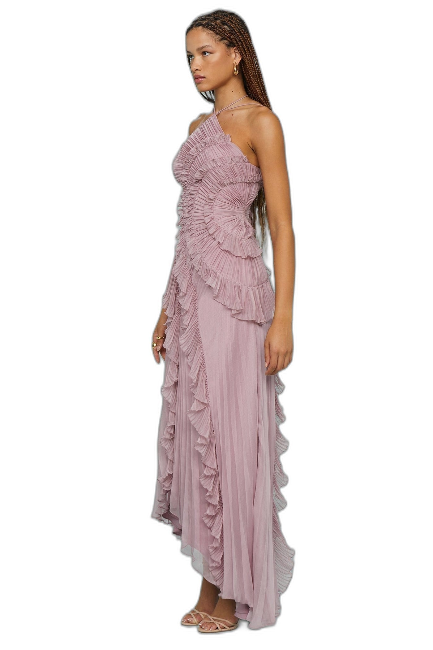 Elegant Pink Chiffon Maxi Dress for Women with Halter Sleeveless Pleated Ruffle Flowing Formal Style
