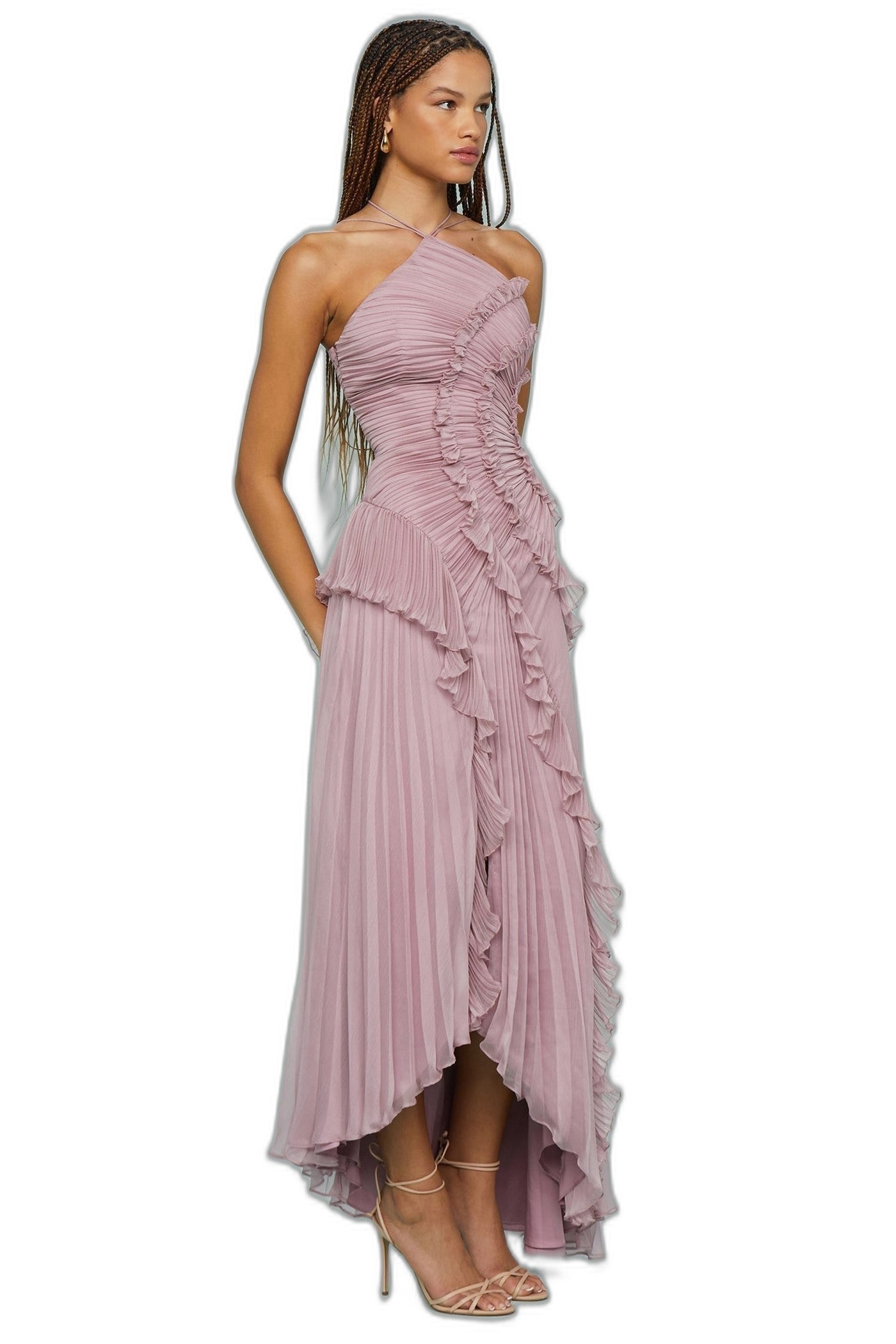 Elegant Pink Chiffon Maxi Dress for Women with Halter Sleeveless Pleated Ruffle Flowing Formal Style