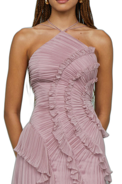Elegant Pink Chiffon Maxi Dress for Women with Halter Sleeveless Pleated Ruffle Flowing Formal Style