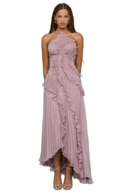 Elegant Pink Chiffon Maxi Dress for Women with Halter Sleeveless Pleated Ruffle Flowing Formal Style