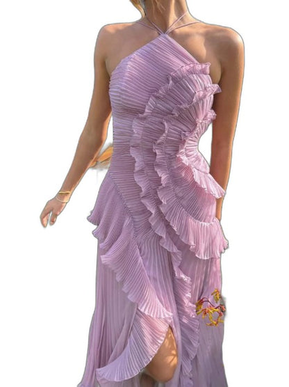 Elegant Pink Chiffon Maxi Dress for Women with Halter Sleeveless Pleated Ruffle Flowing Formal Style