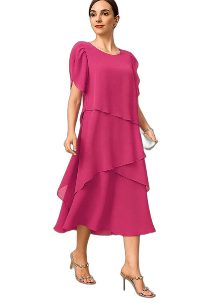 Elegant Pink Chiffon Midi Dress for Women with Crew Neck Short Sleeve Tiered Flowing Cocktail Style