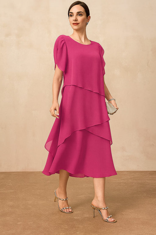Elegant Pink Chiffon Midi Dress for Women with Crew Neck Short Sleeve Tiered Flowing Cocktail Style