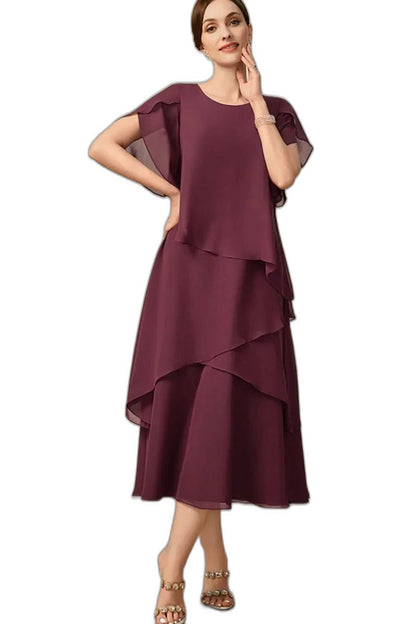 Elegant Pink Chiffon Midi Dress for Women with Crew Neck Short Sleeve Tiered Flowing Cocktail Style