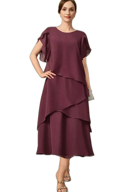 Elegant Pink Chiffon Midi Dress for Women with Crew Neck Short Sleeve Tiered Flowing Cocktail Style