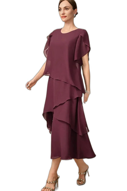 Elegant Pink Chiffon Midi Dress for Women with Crew Neck Short Sleeve Tiered Flowing Cocktail Style