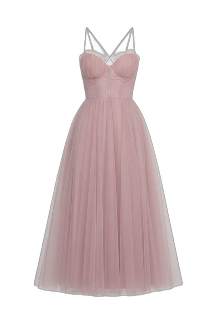 Elegant Pink Chiffon Midi Dress for Women with Sweetheart Spaghetti Strap A Line Tiered Party Style