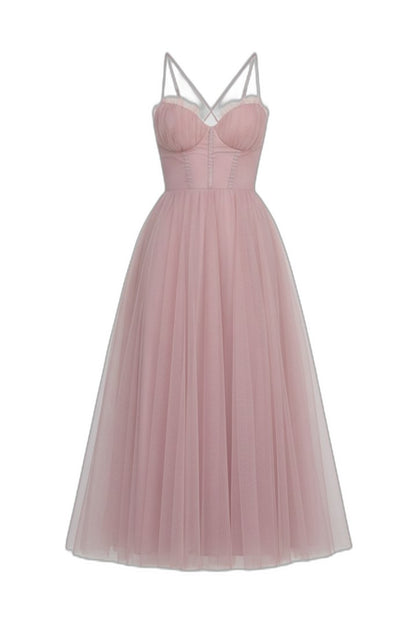 Elegant Pink Chiffon Midi Dress for Women with Sweetheart Spaghetti Strap A Line Tiered Party Style