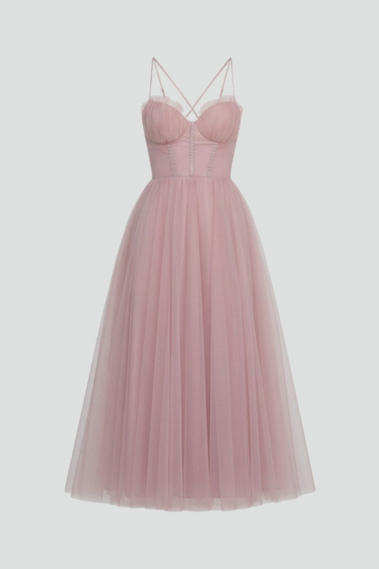 Elegant Pink Chiffon Midi Dress for Women with Sweetheart Spaghetti Strap A Line Tiered Party Style