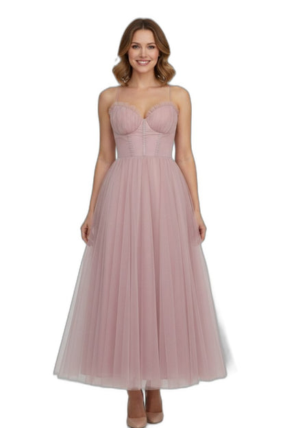 Elegant Pink Chiffon Midi Dress for Women with Sweetheart Spaghetti Strap A Line Tiered Party Style
