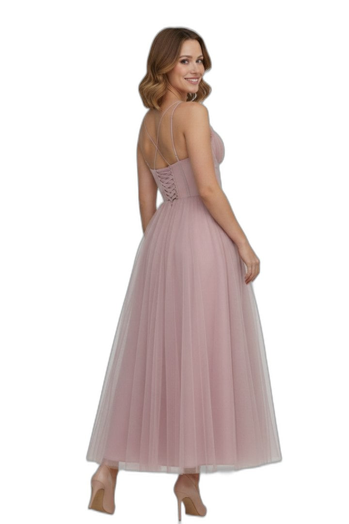 Elegant Pink Chiffon Midi Dress for Women with Sweetheart Spaghetti Strap A Line Tiered Party Style