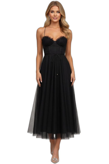Elegant Pink Chiffon Midi Dress for Women with Sweetheart Spaghetti Strap A Line Tiered Party Style