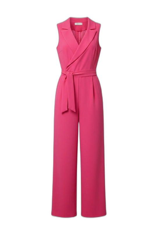 Elegant Pink Jumpsuit for Women with V Neck Sleeveless Wrap Belted Tie Waist Cocktail Style